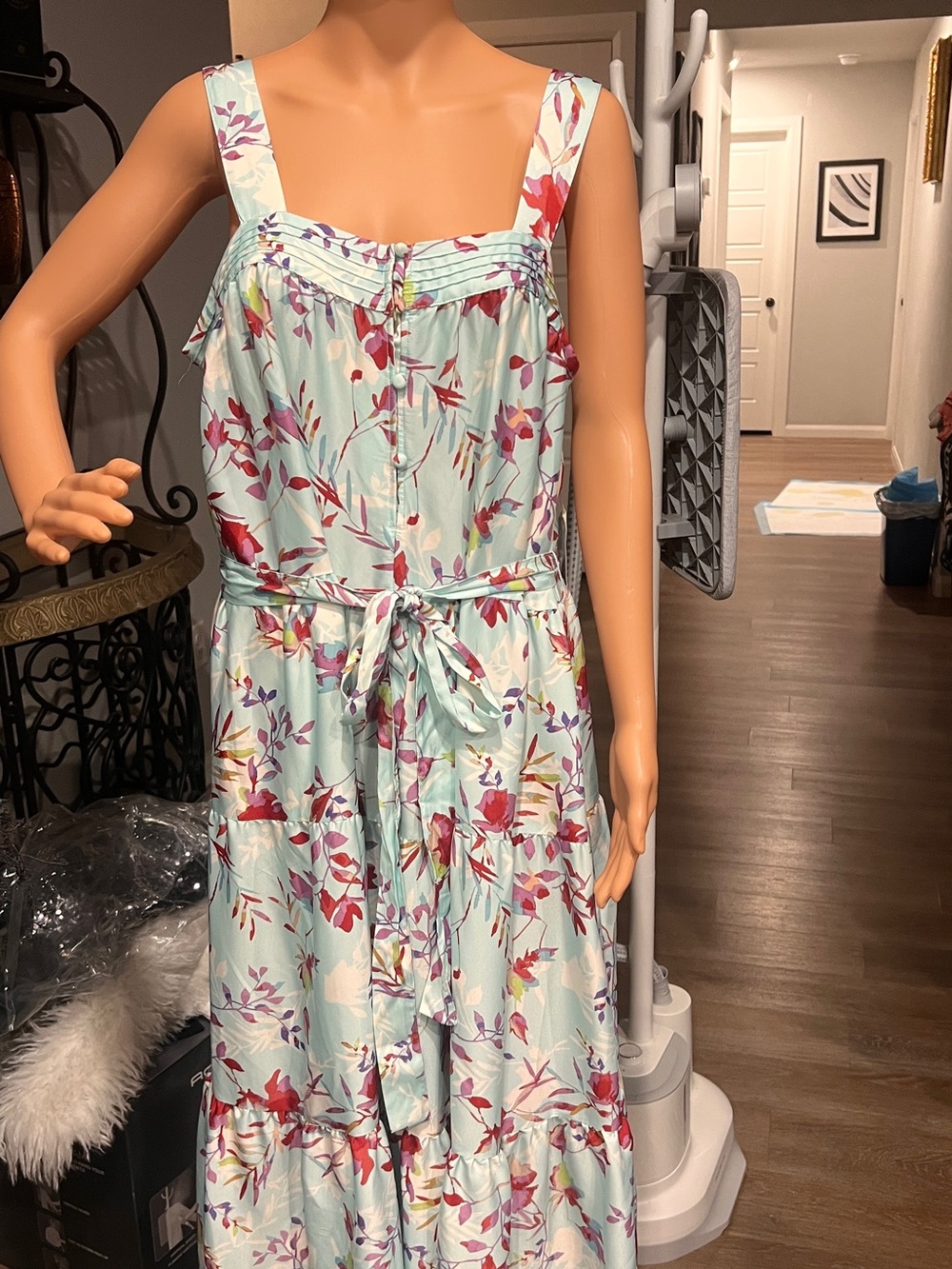 Woman’s Floral Tie-Front Dress - Mint with Red & Purple Print